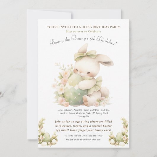 ヴィンテージイースターバニー誕生日 招待状 (正面)
