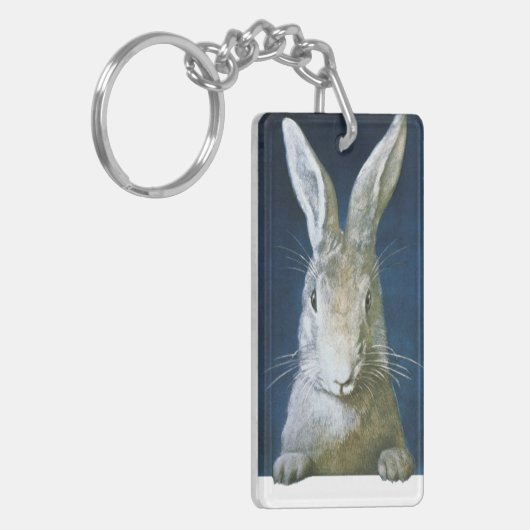 ヴィンテージイースターバニー、かわいい毛皮の白うさぎ キーホルダー (正面左)