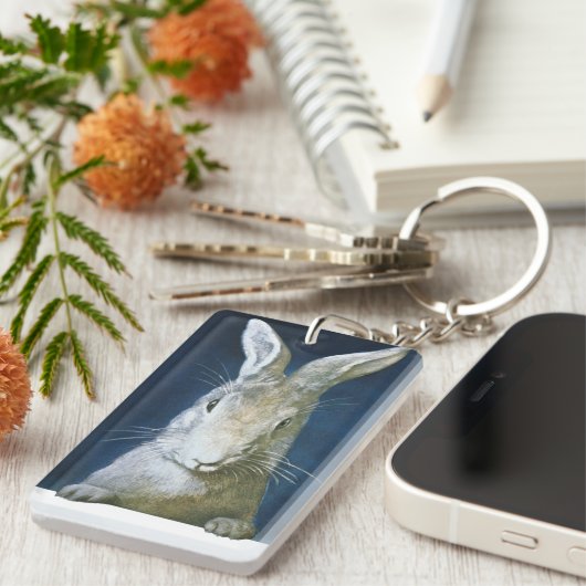 ヴィンテージイースターバニー、かわいい毛皮の白うさぎ キーホルダー (正面右)