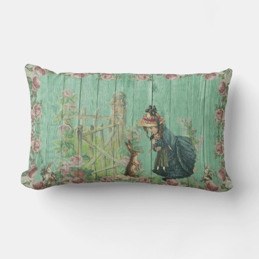 ヴィンテージイースターバニー&ガールインバラガーデン ランバークッション (正面)