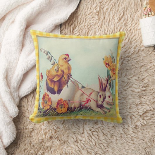 ヴィンテージイースターバニー&バッファローチェックのシック クッション (ブランケット)