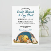 ヴィンテージイースターバニー、金ゴールド卵、ティール(緑がかった色)ブルーブランチ 招待状 (スタンド正面)
