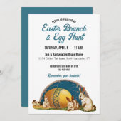 ヴィンテージイースターバニー、金ゴールド卵、ティール(緑がかった色)ブルーブランチ 招待状 (正面/裏面)