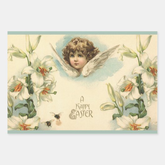 ヴィンテージイースタービクトリアン、ユリの花と天使 ラッピングペーパーシート (正面)