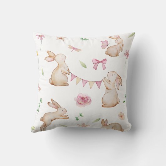 ヴィンテージイースターピンクのウサギのパターン クッション (裏面)