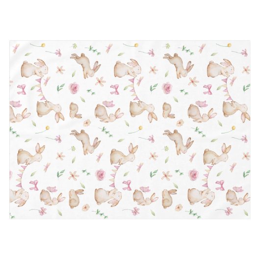 ヴィンテージイースターピンクのウサギのパターン テーブルクロス (正面(横))