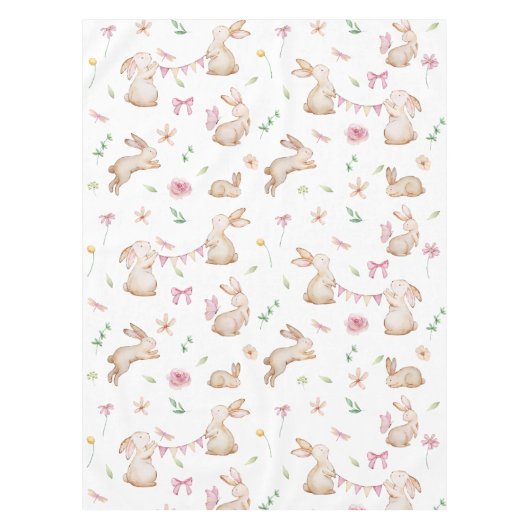 ヴィンテージイースターピンクのウサギのパターン テーブルクロス (正面)