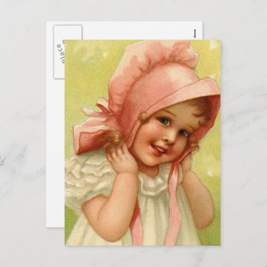 ヴィンテージイースターピンクのボンネットガール シーズンポストカード (正面/裏面)