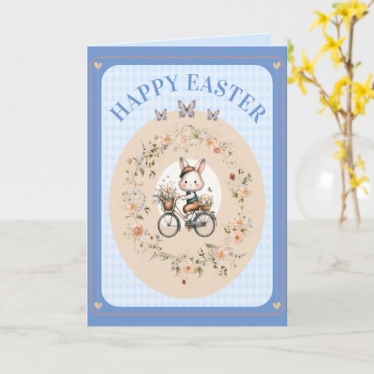 ヴィンテージイースターフローラバニーブルーギンガムチェック カード (黄色い花)