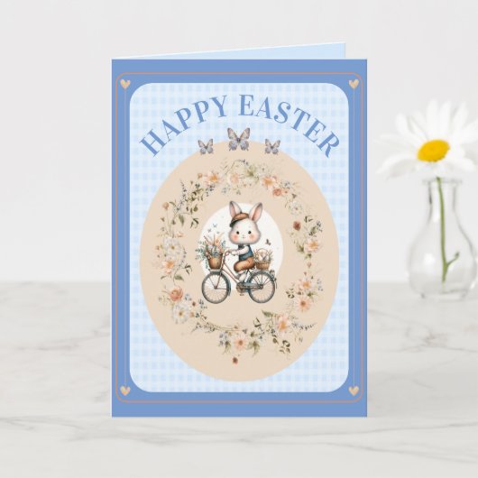 ヴィンテージイースターフローラバニーブルーギンガムチェック カード (小さな植物)