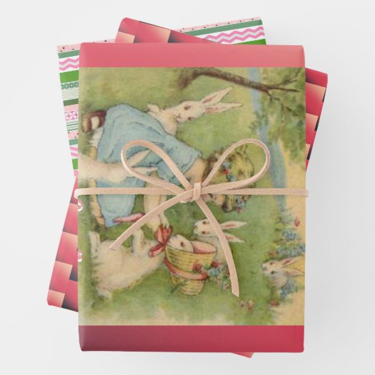 ヴィンテージイースターホワイトブンニースピンクとグリーン ラッピングペーパーシート (インサイチュ)