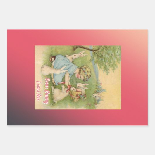 ヴィンテージイースターホワイトブンニースピンクとグリーン ラッピングペーパーシート (正面)