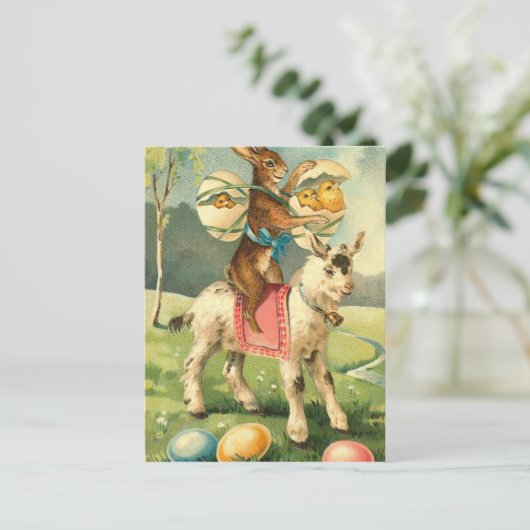 ヴィンテージイースターヤギ、ウサギとチックス シーズンポストカード (スタンド正面)
