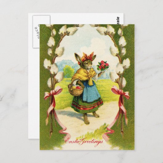 ヴィンテージイースターラビットイースターグリーティング ポストカード (正面/裏面)