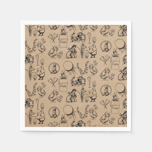 ヴィンテージイースターラビット&シッククラフトブラウン スタンダードカクテルナプキン (正面)