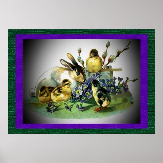 ヴィンテージイースターラビット、ベビーの雛と花, ZSSG ポスター (正面)