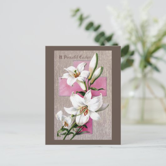 ヴィンテージイースターリリーとピンクの十字架 シーズンポストカード (スタンド正面)