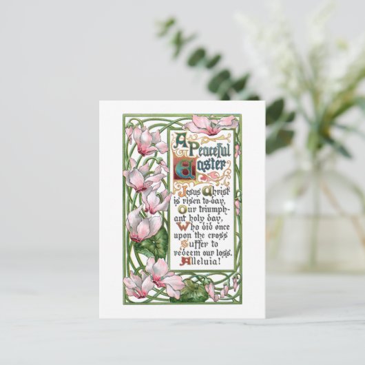 ヴィンテージイースター宗教賛美歌とシクラメン シーズンポストカード (スタンド正面)