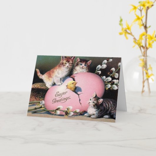 ヴィンテージイースター挨拶キャッツシックとイースター卵 カード (黄色い花)