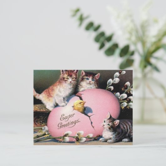 ヴィンテージイースター挨拶キャッツシックとイースター卵 ポストカード (スタンド正面)