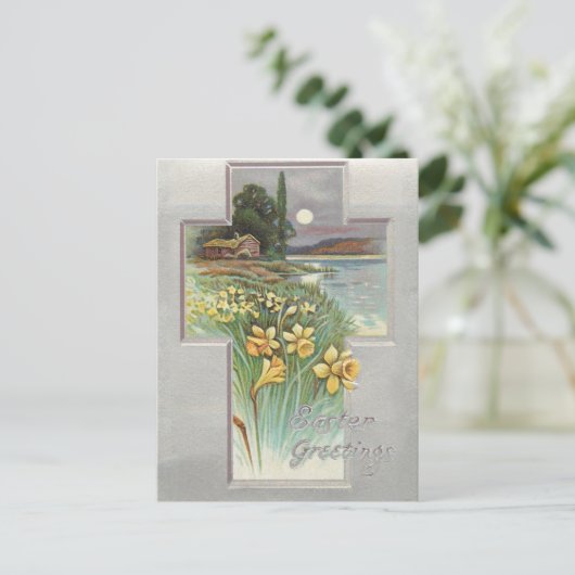 ヴィンテージイースター素朴クロス横（ダフォジル付き） シーズンポストカード (スタンド正面)