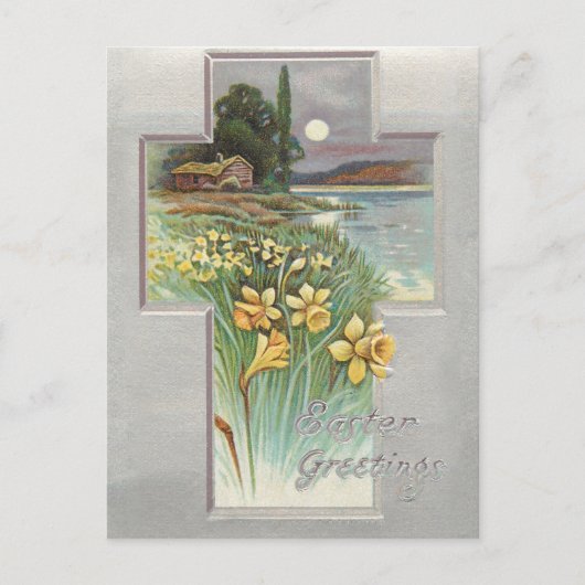 ヴィンテージイースター素朴クロス横(ダフォジル付き) シーズンポストカード (正面)