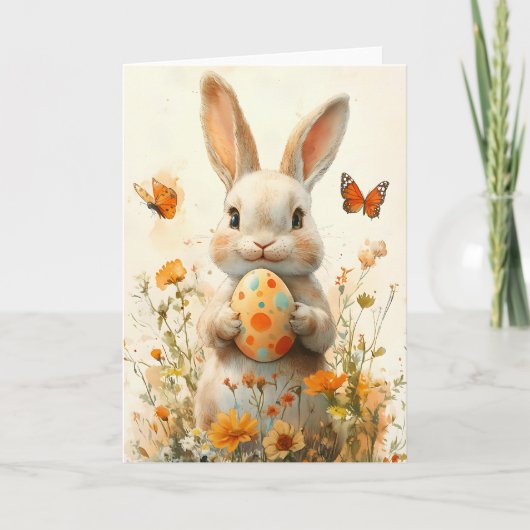 ヴィンテージイースター絵を描バニー(卵とワイルドフラワー) シーズンカード (正面)