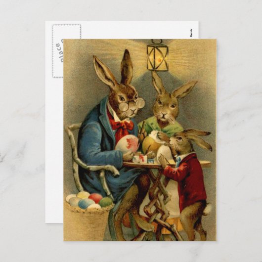 ヴィンテージイースター絵画ウサギ卵 シーズンポストカード (正面/裏面)