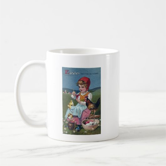 ヴィンテージイースター絵画ガールの卵と鶏 コーヒーマグカップ (左)