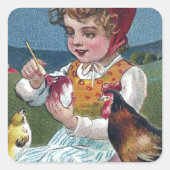 ヴィンテージイースター絵画ガールの卵と鶏 スクエアシール (正面)