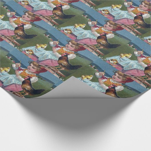 ヴィンテージイースター絵画ガールの卵と鶏 ラッピングペーパー (角)