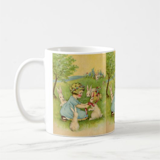 ヴィンテージイースター、ガールボンネットオンバニーウサギ コーヒーマグカップ (左)