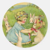 ヴィンテージイースター、ガールボンネットオンバニーウサギ ラウンドシール (正面)