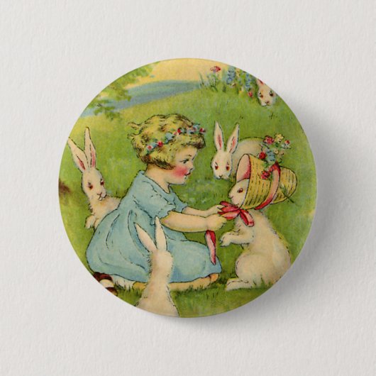 ヴィンテージイースター、ガールボンネットオンバニーウサギ 缶バッジ (正面)