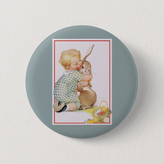 ヴィンテージイースター、バニーラビットと可愛い少年の子供 缶バッジ (正面)
