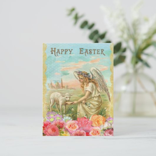 ヴィンテージイースター。 天使および子ヒツジ シーズンポストカード (スタンド正面)
