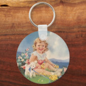 ヴィンテージイースター、牧草地でチックス子羊と女の子 キーホルダー (正面)