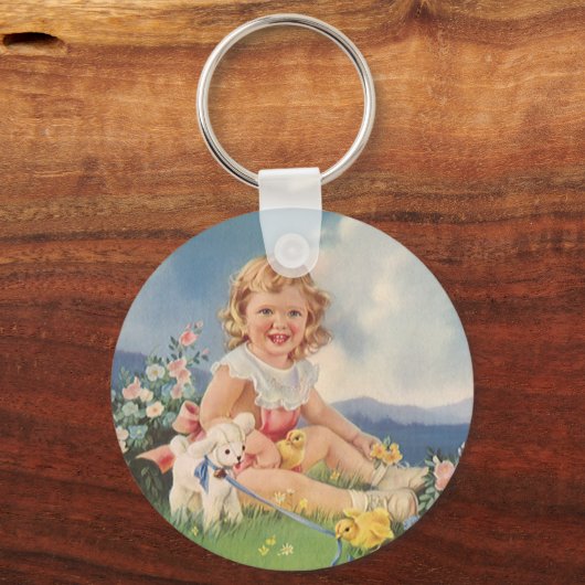 ヴィンテージイースター、牧草地でチックス子羊と女の子 キーホルダー (正面)