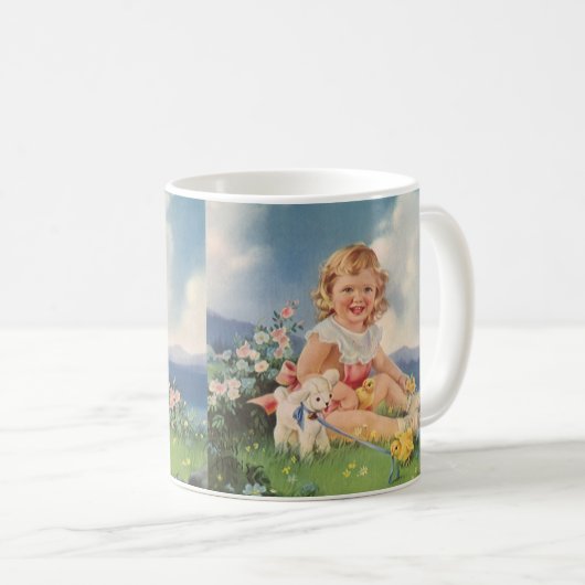 ヴィンテージイースター、牧草地でチックス子羊と女の子 コーヒーマグカップ (正面右)