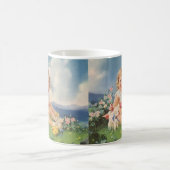 ヴィンテージイースター、牧草地でチックス子羊と女の子 コーヒーマグカップ (中央)