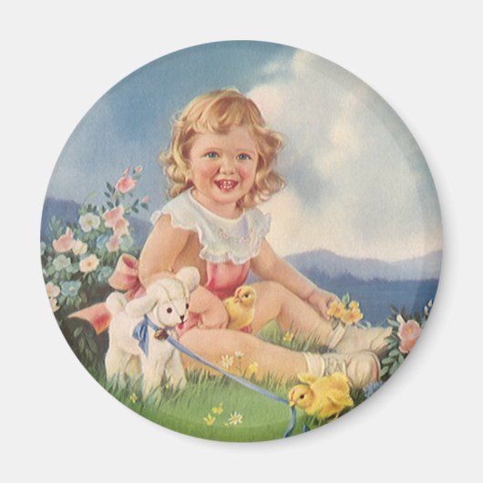 ヴィンテージイースター、牧草地でチックス子羊と女の子 マグネット (正面)