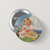 ヴィンテージイースター、牧草地でチックス子羊と女の子 缶バッジ (正面&裏面)