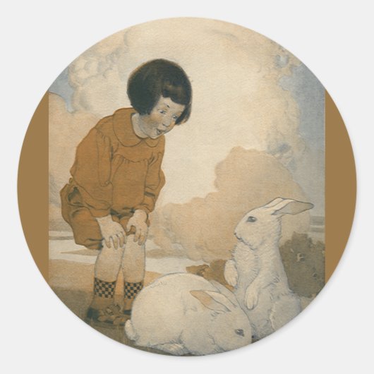 ヴィンテージイースター、遊子供の白いウサギ ラウンドシール (正面)
