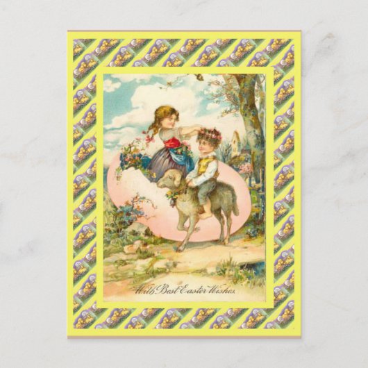 ヴィンテージイースター、30年代、子供および巨大な卵 シーズンポストカード (正面)