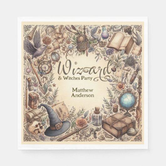 ヴィンテージウィザードウィッチパーティー魔法の魔法のワンズ帽子 スタンダードランチョンナプキン (正面)
