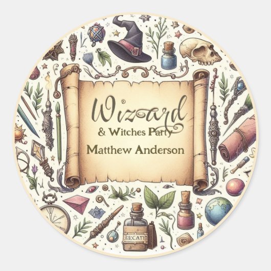 ヴィンテージウィザードウィッチパーティー魔法の魔法のワンズ帽子 ラウンドシール (正面)