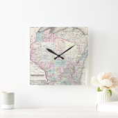 ヴィンテージウィスコンシンの地図（1855年） スクエア壁時計 (ホーム)