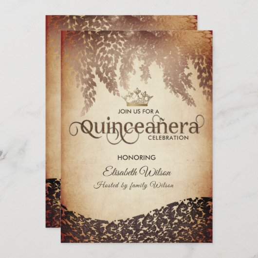 ヴィンテージウィステリアダマスク金ゴールドティアラ・キンセアニラ 招待状 (正面/裏面)