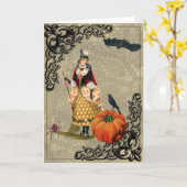 ヴィンテージウィッチとカボチャのコラージュのグリーティングカード カード (黄色い花)