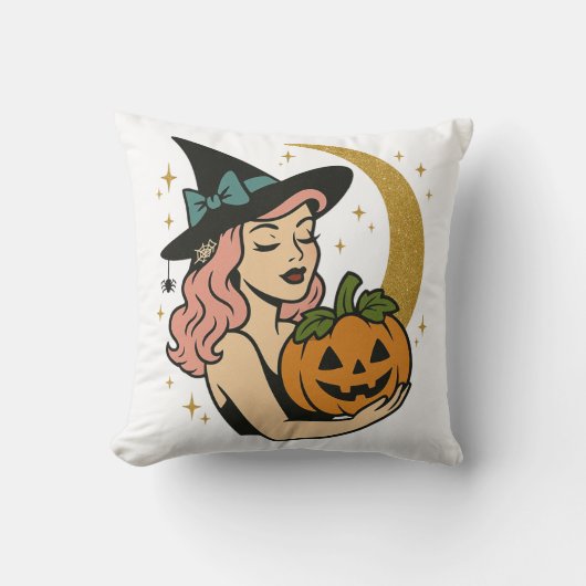 ヴィンテージウィッチとカボチャのハロウィン クッション (正面)